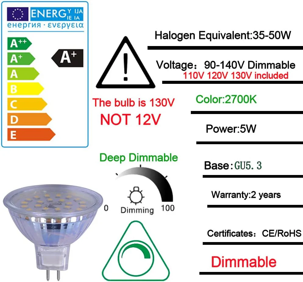 4-Pack MR16 5W 110V-130V GU5.3 LED Bulbs Dimmable Energy Saving Light 120 Degree Beam Angle 120V Line Voltage - Image 4