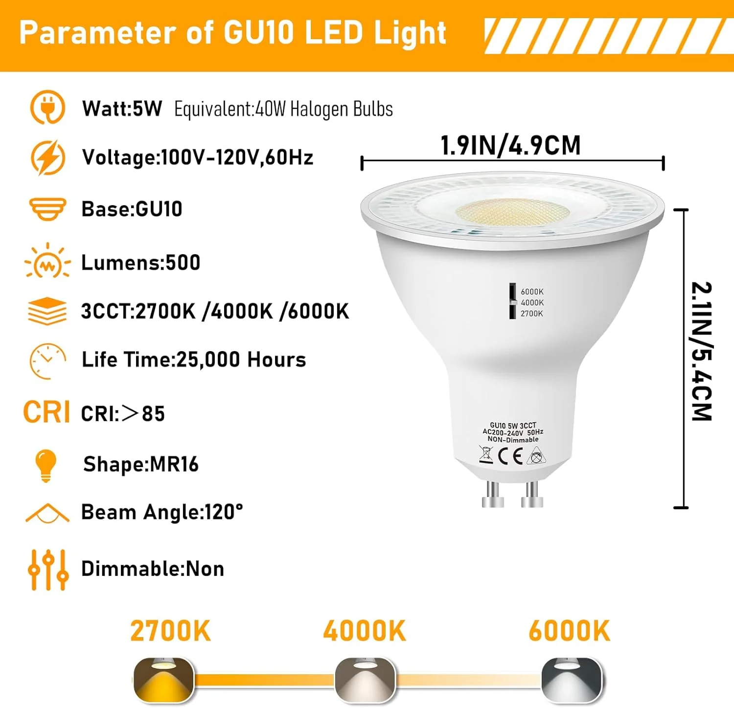 6-Pack MR16 5W 120V GU10 LED Bulbs 500LM 3CCT 2700K/4000K/6000K Non-Dimmable Energy Saving Light 120 Degree Beam Angle Line Voltage - Image 8