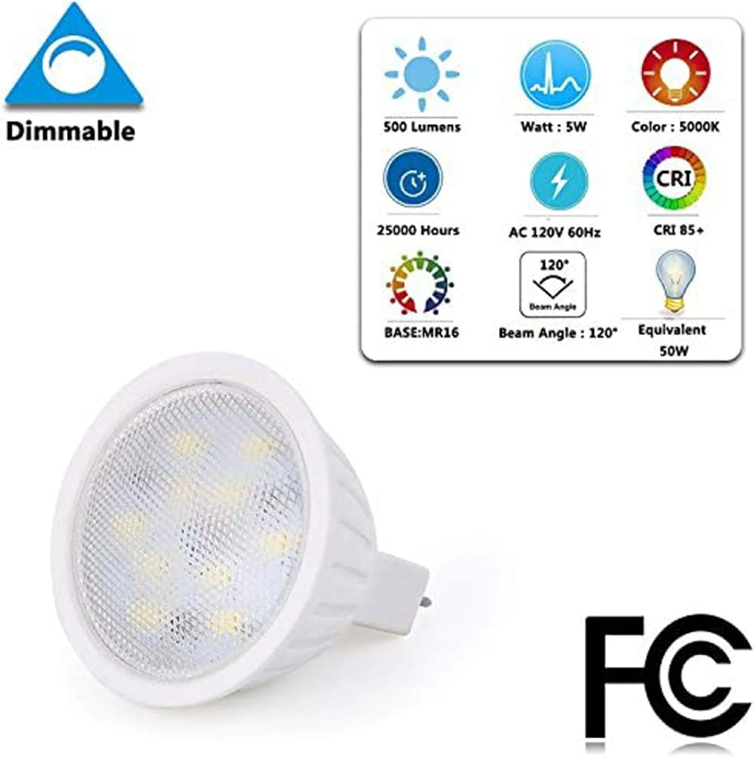 6-Pack MR16 5W 120V GU5.3 LED Bulbs Dimmable Energy Saving Light 120 Degree Beam Angle Line Voltage - Image 3