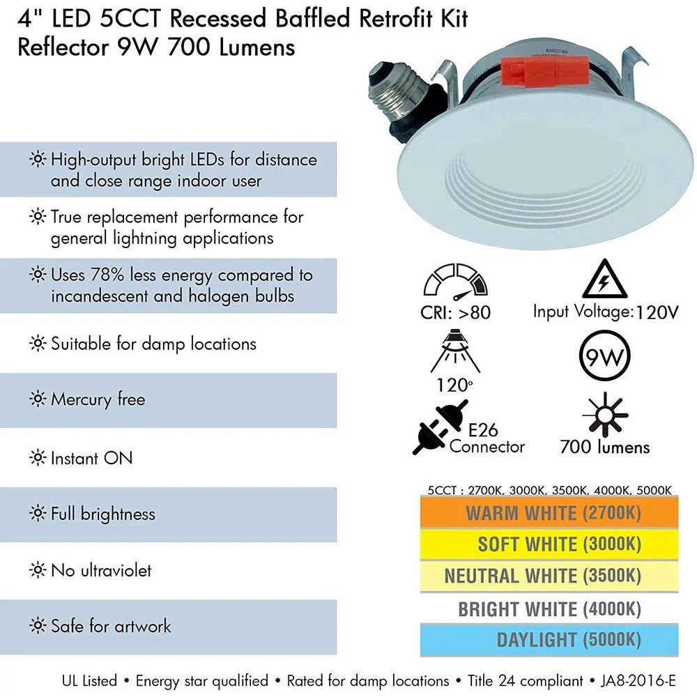 AH Lighting 4" 40 Pack - LED Selectable 5CCT 9W Recessed Baffled Retrofit Kit Reflector - Image 6