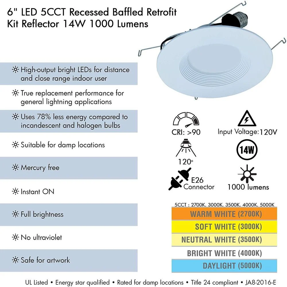 AH Lighting A7 6" LED Selectable 5CCT 14W Recessed Baffled or Smooth Retrofit Kit Reflector - Image 6