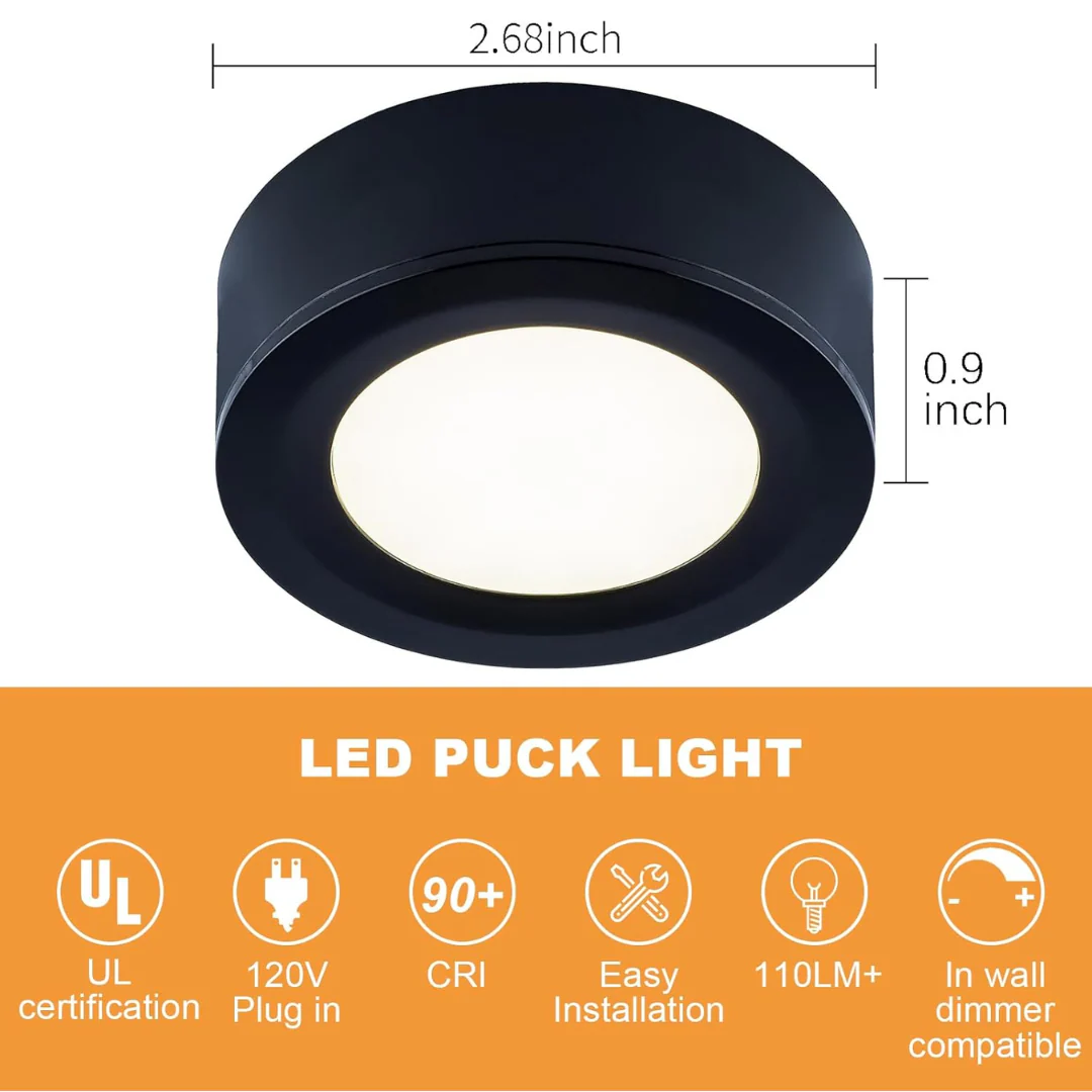 CBA03 3x/5x Pack 2.7W 2.68" 3000K Dimmable Recessed and Surface Mounted Line Voltage 120V Line Voltage Hardwired LED Puck Cabinet Light Cast Aluminum Downlighting 110LM/130LM Package - Image 11
