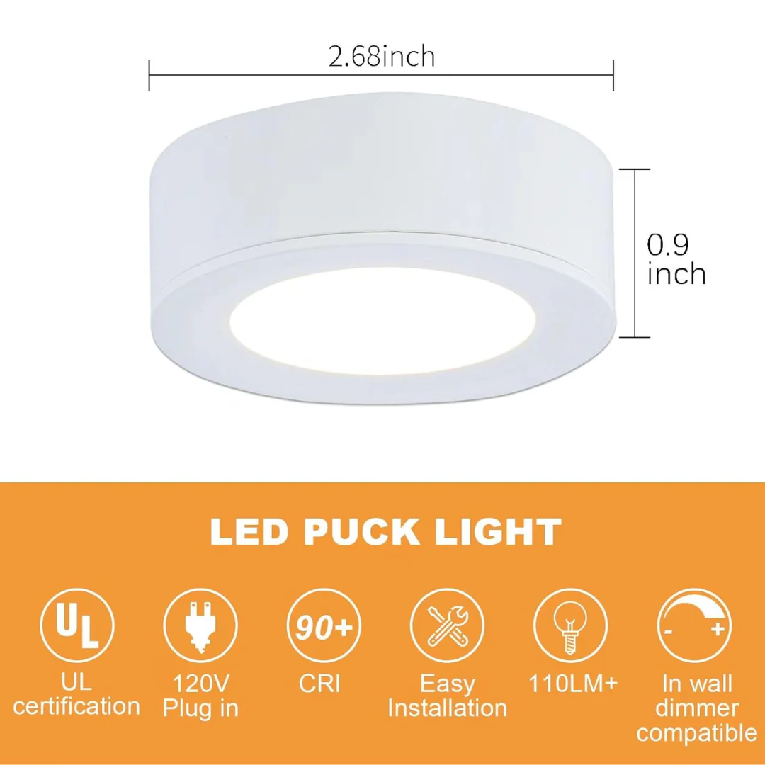 CBA03 3x/5x Pack 2.7W 2.68" 3000K Dimmable Recessed and Surface Mounted Line Voltage 120V Line Voltage Hardwired LED Puck Cabinet Light Cast Aluminum Downlighting 110LM/130LM Package - Image 12