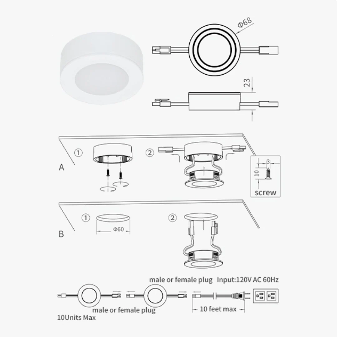 CBA03 3x/5x Pack 2.7W 2.68" 3000K Dimmable Recessed and Surface Mounted Line Voltage 120V Line Voltage Hardwired LED Puck Cabinet Light Cast Aluminum Downlighting 110LM/130LM Package - Image 13