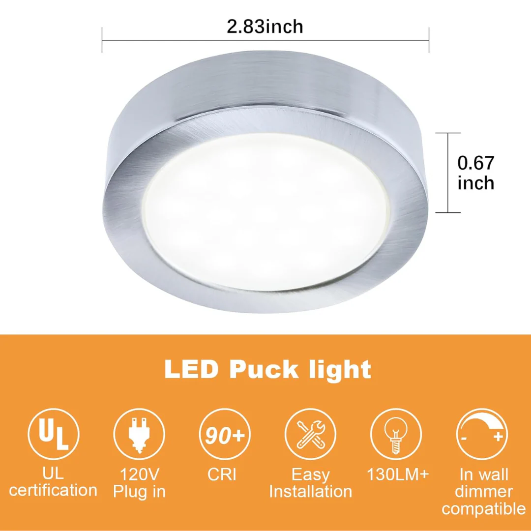 CBA03 3x/5x Pack 2.7W 2.68" 3000K Dimmable Recessed and Surface Mounted Line Voltage 120V Line Voltage Hardwired LED Puck Cabinet Light Cast Aluminum Downlighting 110LM/130LM Package - Image 15