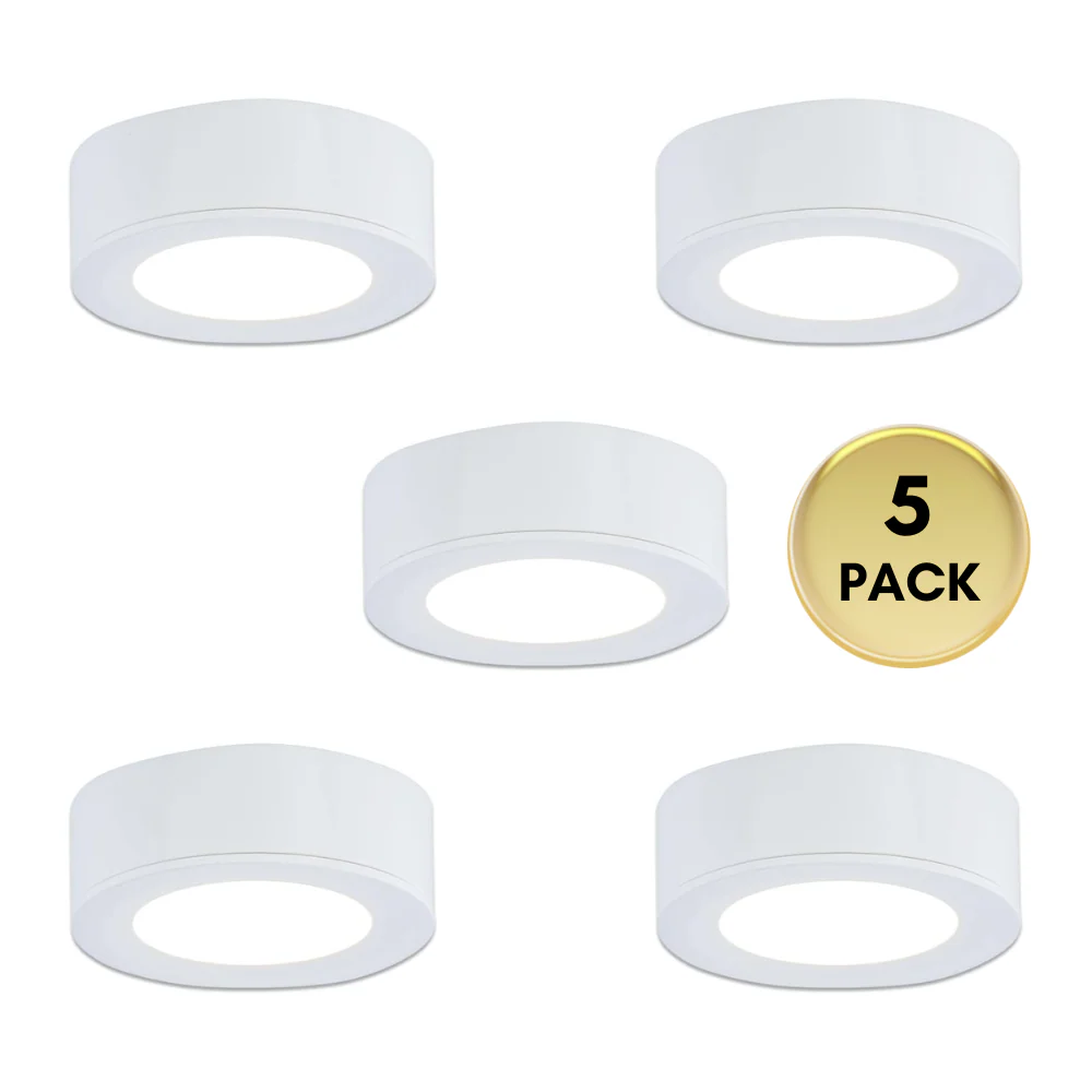 CBA03 3x/5x Pack 2.7W 2.68" 3000K Dimmable Recessed and Surface Mounted Line Voltage 120V Line Voltage Hardwired LED Puck Cabinet Light Cast Aluminum Downlighting 110LM/130LM Package - Image 3