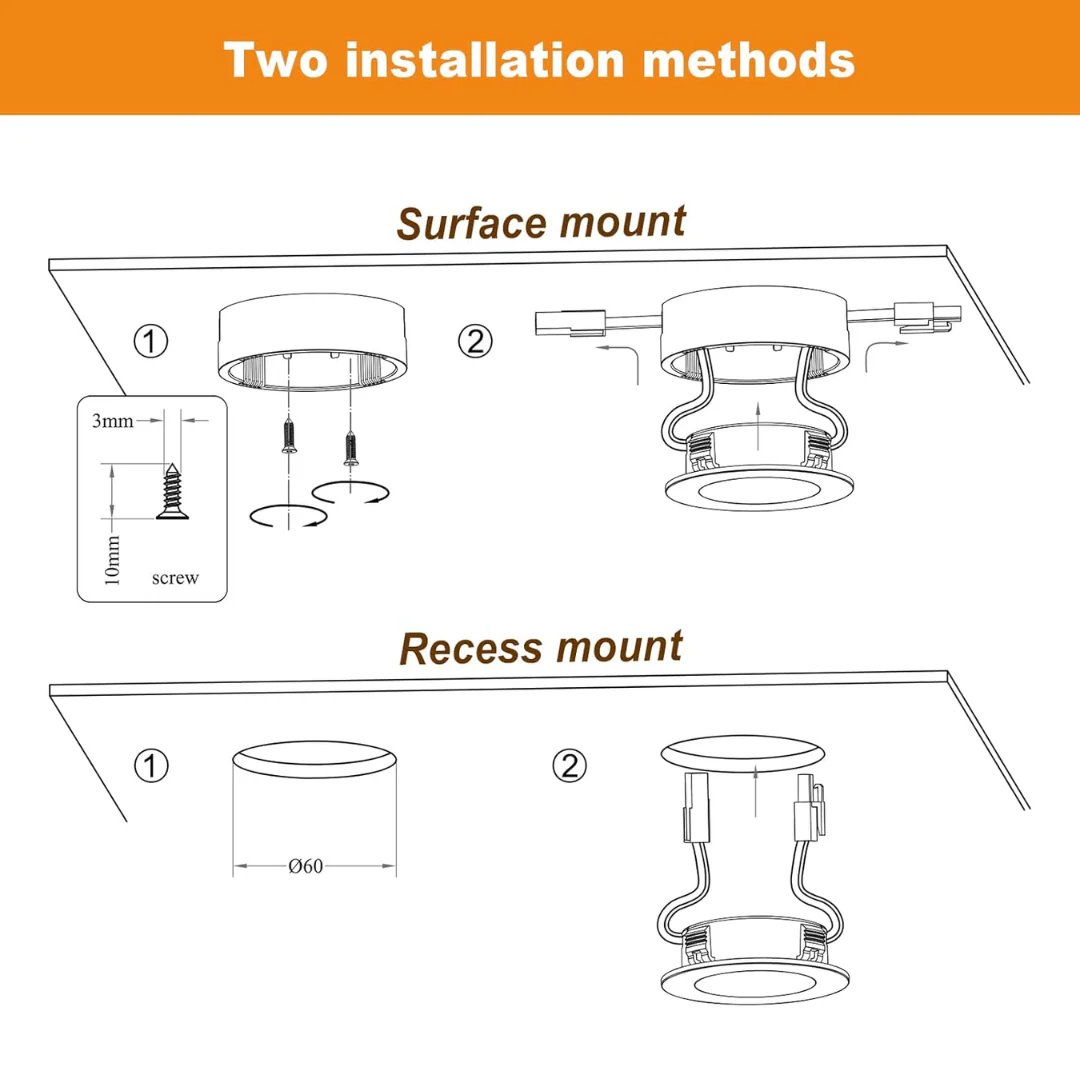 CBA03 3x/5x Pack 2.7W 2.68" 3000K Dimmable Recessed and Surface Mounted Line Voltage 120V Line Voltage Hardwired LED Puck Cabinet Light Cast Aluminum Downlighting 110LM/130LM Package - Image 8