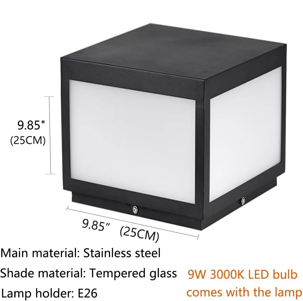 CPLA04 Modern Pillar Lamp Post Light with Tempered Glass Shade Fence Deck Cap Lantern with E26 9W 3000K 110V AC Line Voltage Stainless Steel LED IP55 Waterproof, Electric-Powered, Low-Voltage E26 LED Compatible - Image 6