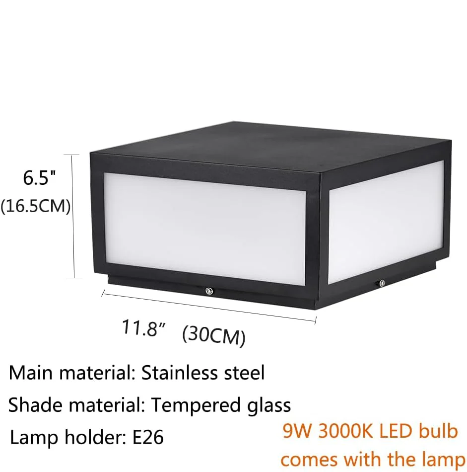 CPLA04 Modern Pillar Lamp Post Light with Tempered Glass Shade Fence Deck Cap Lantern with E26 9W 3000K 110V AC Line Voltage Stainless Steel LED IP55 Waterproof, Electric-Powered, Low-Voltage E26 LED Compatible - Image 9