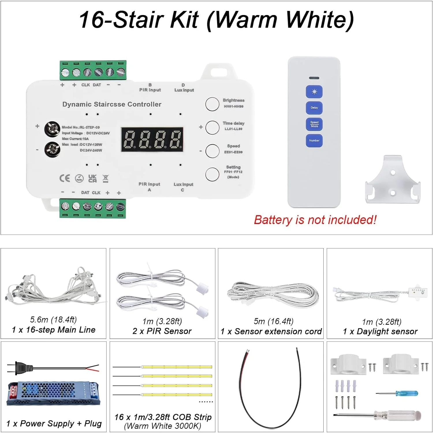 SLMS01 Intelligent Motion Sensor LED COB Strip Light Stair Light Kit 16 or 20 Stairs, Step by Step Control with Remote PIR & Light Sensor Control - Image 10