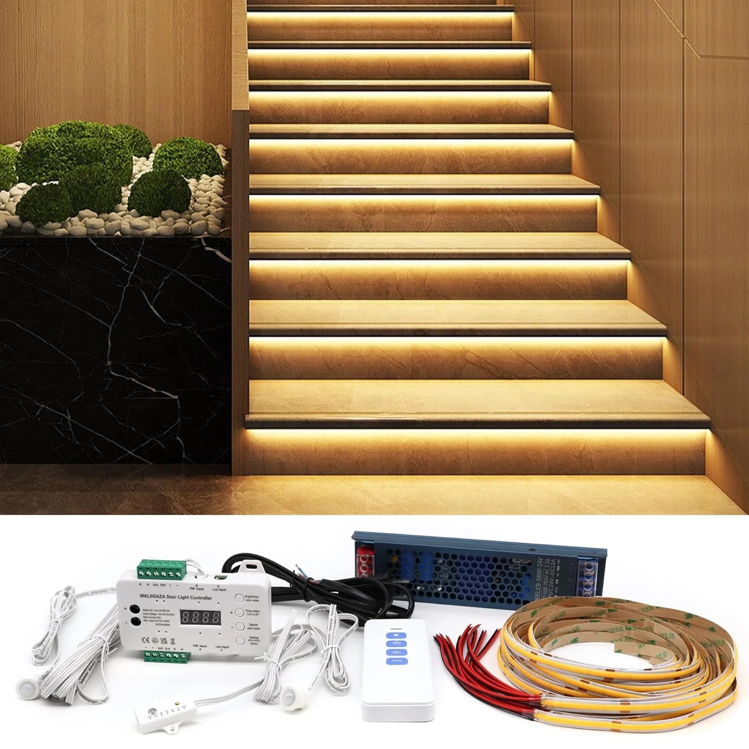 SLMS01 Intelligent Motion Sensor LED COB Strip Light Stair Light Kit 16 or 20 Stairs, Step by Step Control with Remote PIR & Light Sensor Control - Image 11