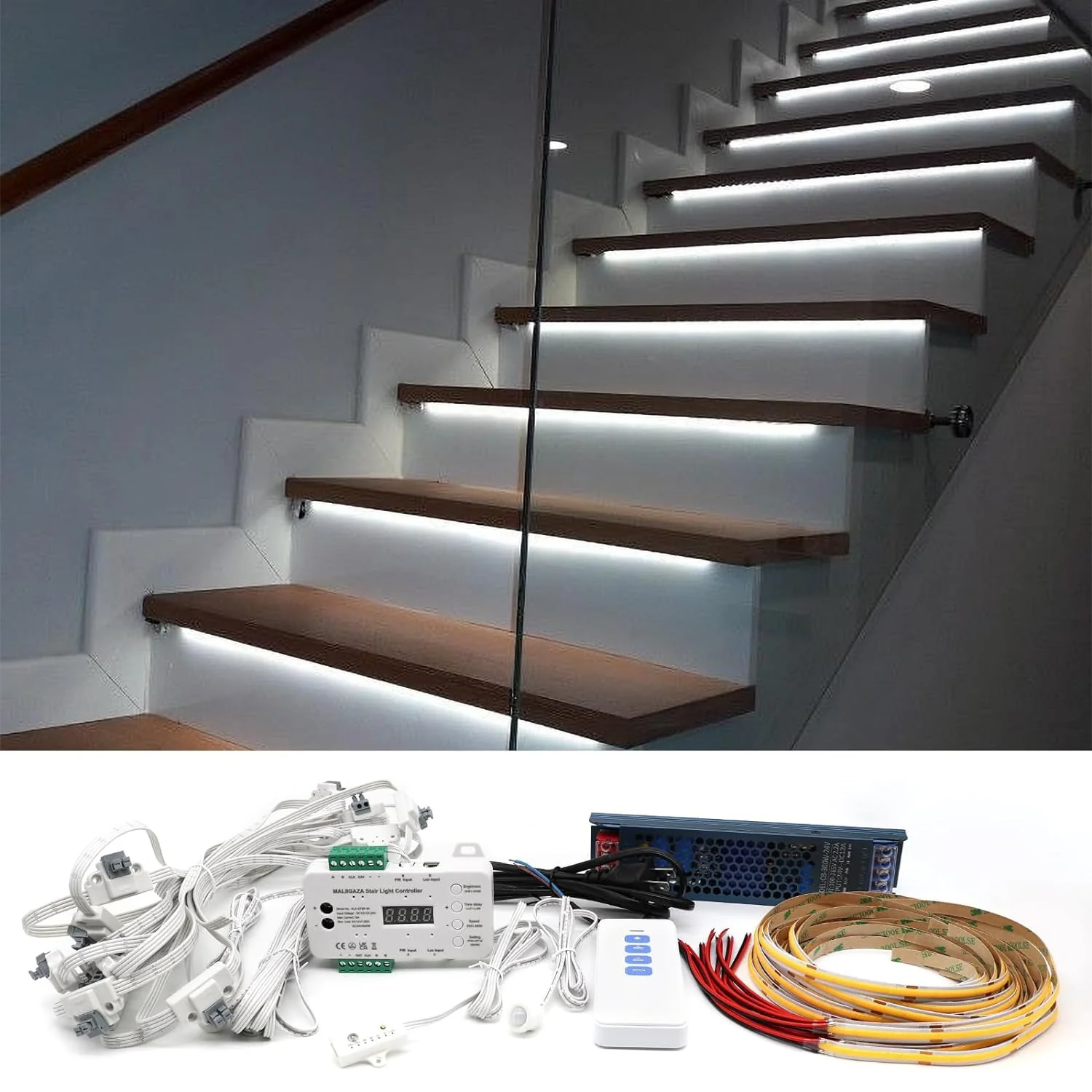 SLMS01 Intelligent Motion Sensor LED COB Strip Light Stair Light Kit 16 or 20 Stairs, Step by Step Control with Remote PIR & Light Sensor Control - Image 12