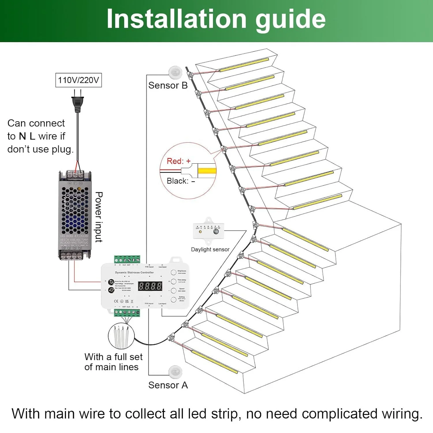 SLMS01 Intelligent Motion Sensor LED COB Strip Light Stair Light Kit 16 or 20 Stairs, Step by Step Control with Remote PIR & Light Sensor Control - Image 7
