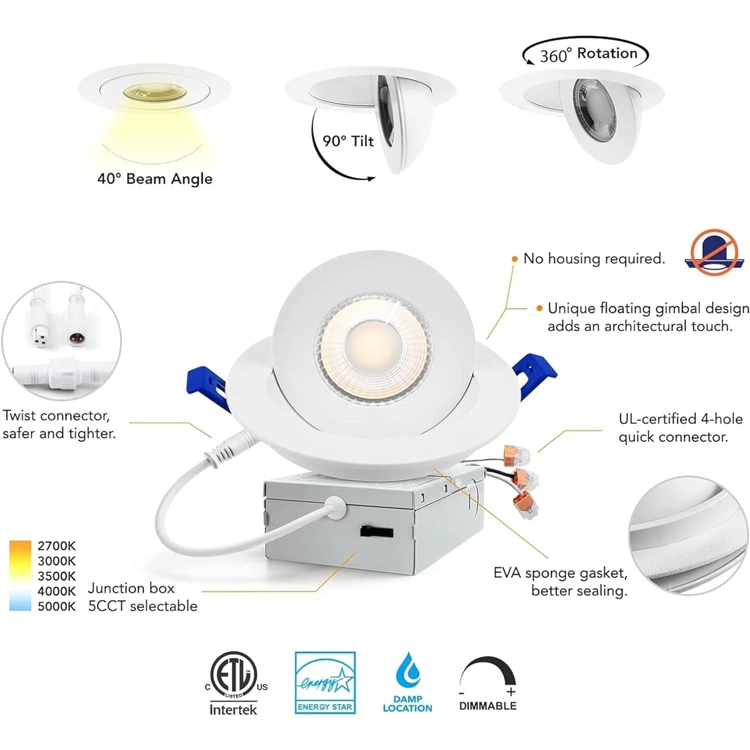 LED Canless Recessed Light 4x/8x/12x Package 9W 4 inch Gimbal 5CCT Dimmable Adjustable Directional Retrofit Eyeball Lighting with Jbox ETL Rated - Image 4