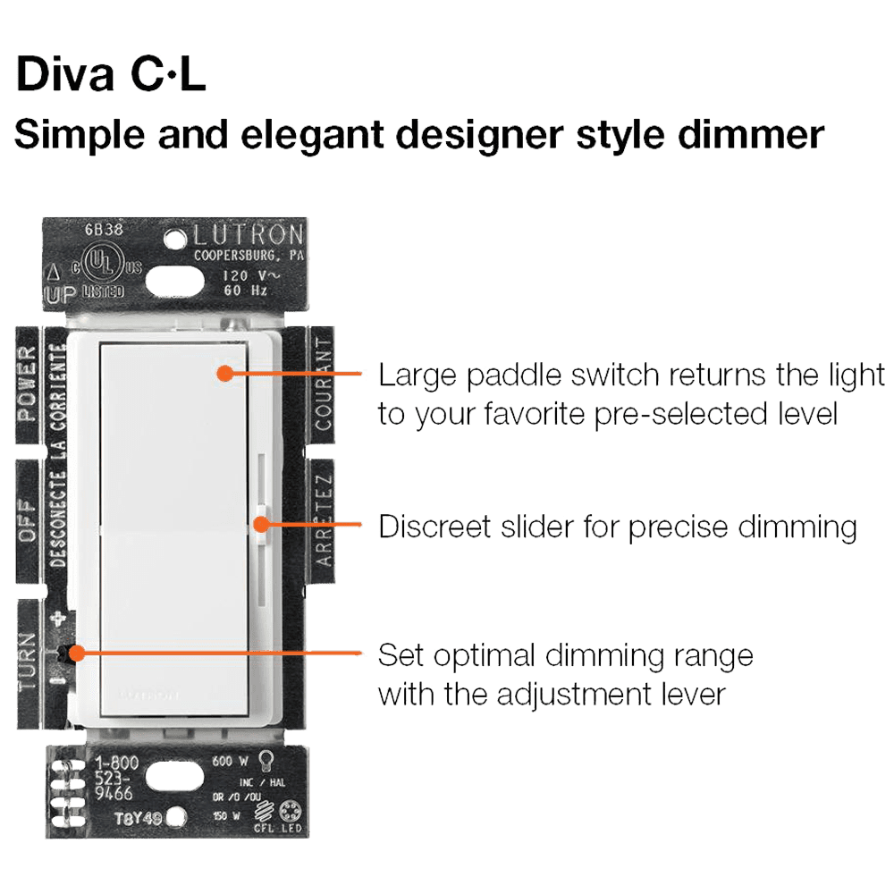 Lutron Diva C.L Dimmer Switch for Dimmable LED, Halogen and Incandescent Bulbs, Single-Pole or 3-Way, White - Image 4