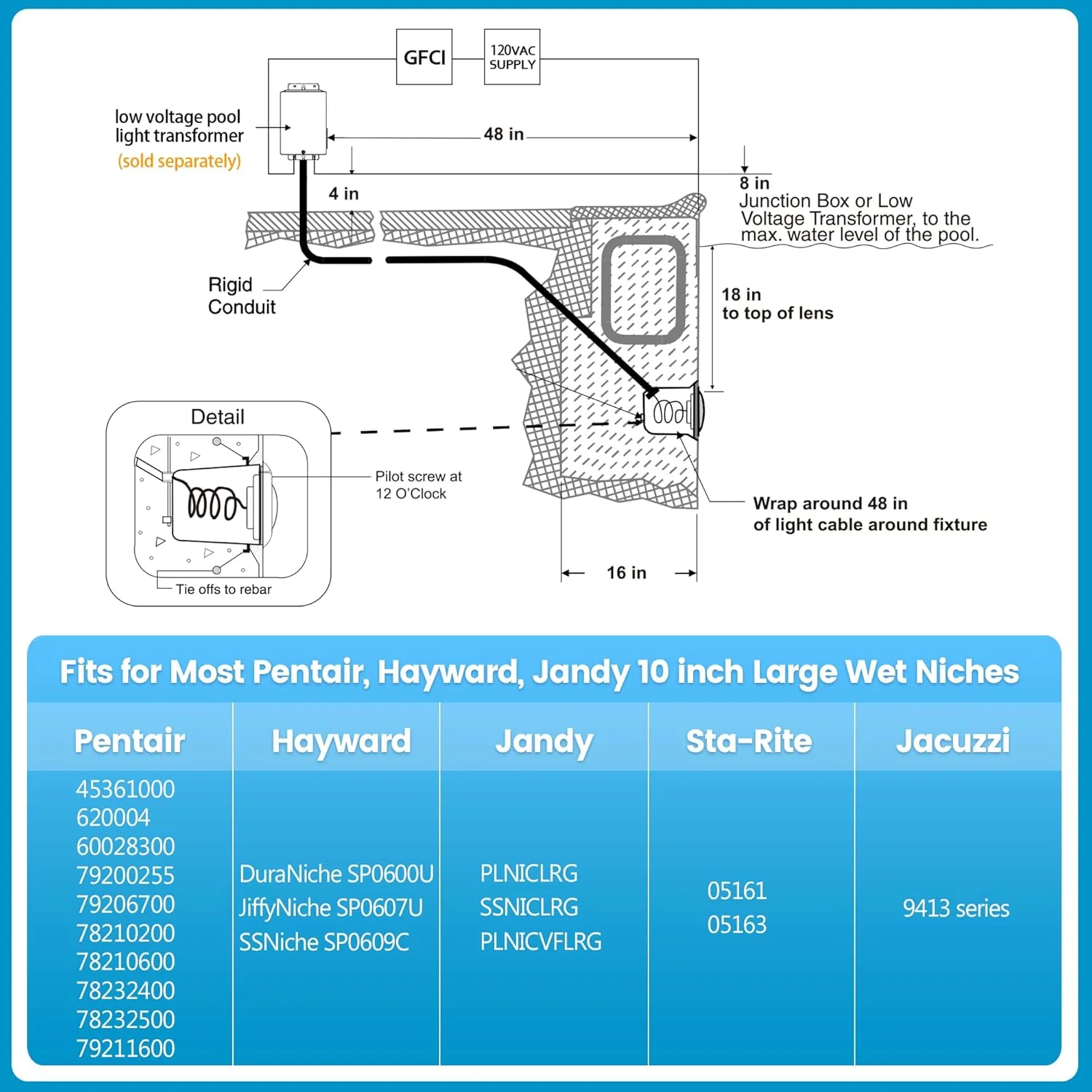 PL35 12V AC LED Stainless Steel Pool Light Jacuzzi Spa 6500K Cool White 3000LM Low Voltage Pool Light - Image 6