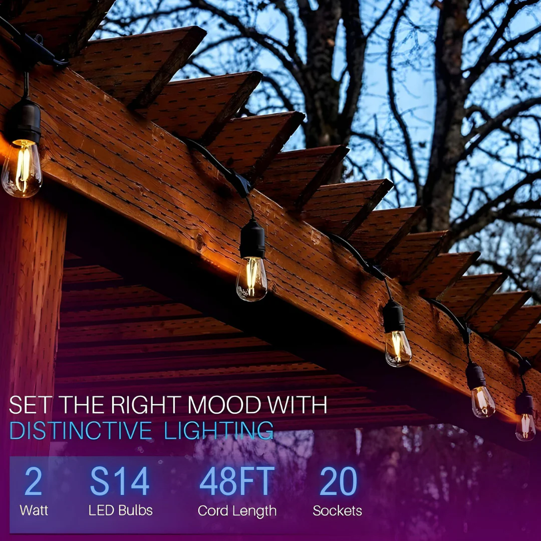 SL101 3000K Warm White LED Low Voltage Bistro String Lights 48 FT Outdoor Weatherproof 12V Edison Bulbs - Image 10