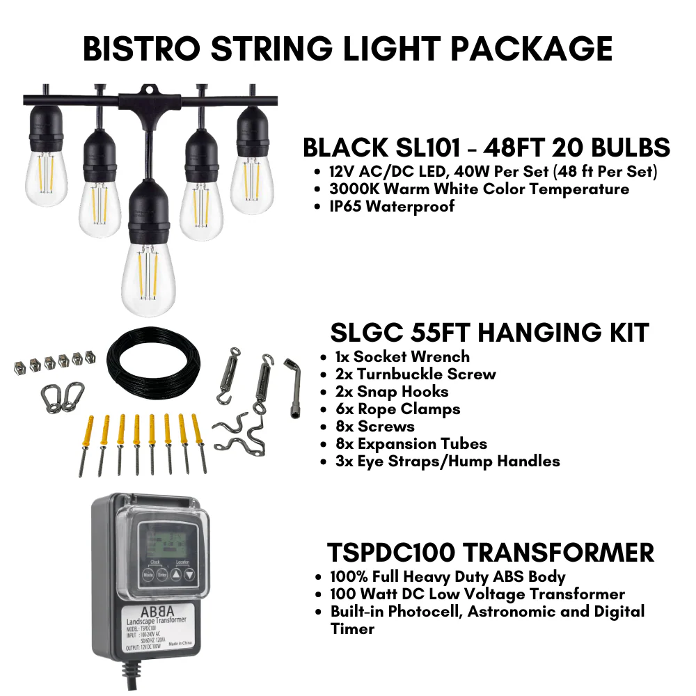 SL101 LED Low Voltage Bistro String Lights 40 FT Outdoor Weatherproof 12V Edison Bulbs with 100W DC Transformer and 55ft Hanging Kit Package Deal - Image 3