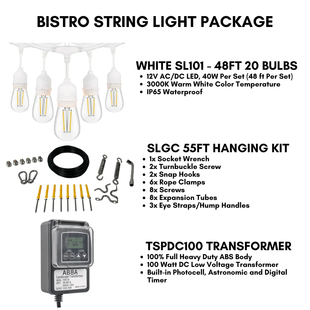 SL101 LED Low Voltage Bistro String Lights 40 FT Outdoor Weatherproof 12V Edison Bulbs with 100W DC Transformer and 55ft Hanging Kit Package Deal - Image 4