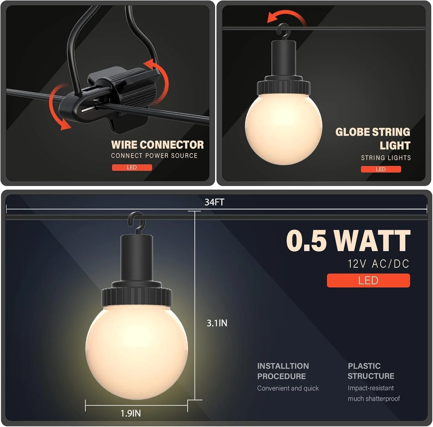 SL104 3800K Warm White LED Low Voltage Bistro Indoor String Lights 34 FT 12pcs 12V 0.5W G30 LED Bulbs - Image 3