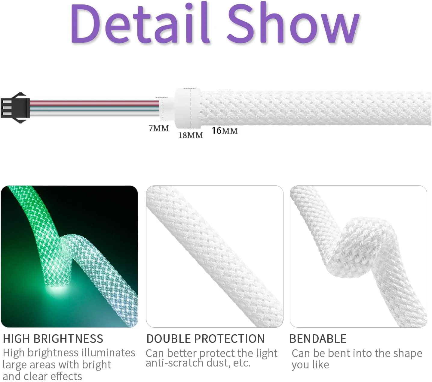 SLNR02 0.95W/ft Dotless Dream Color Nylon Neon RGBIC 20mm LED Strip Light DC 12V IP67 Outdoor Rated Dimmable Low Voltage Rope Light - Image 7