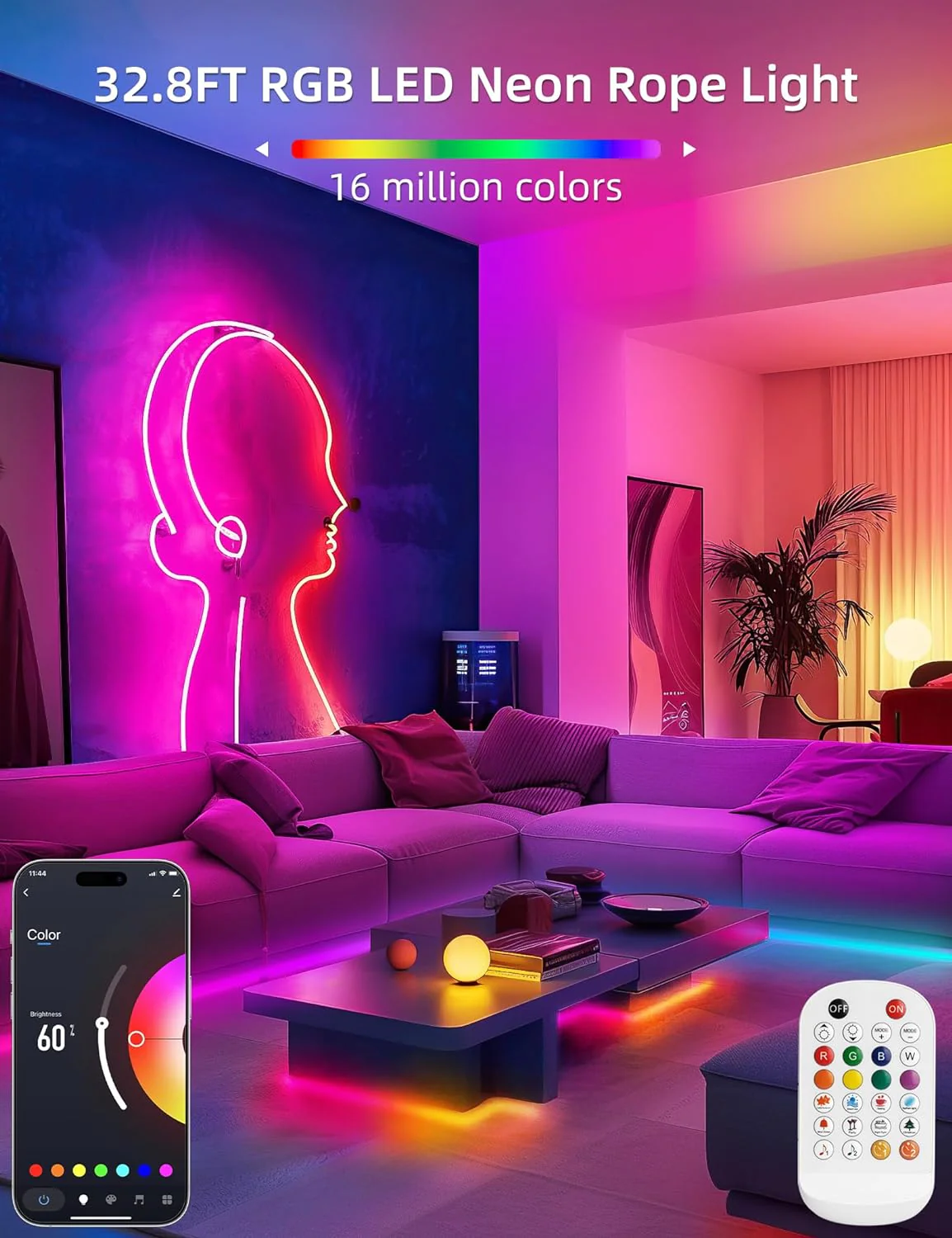 SLNR05 Dotless COB Smart Bluetooth RGB Neon LED Strip Light 8mmx12mm DC24V 2.2W/ft IP65 Outdoor Rated Dimmable Low Voltage Silicone Strip Light with Mounting Clips and Screws - Image 11