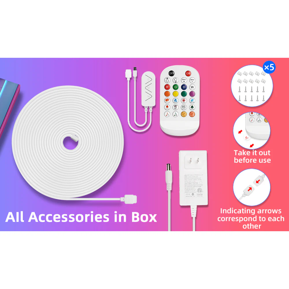 SLNR05 Dotless COB Smart Bluetooth RGB Neon LED Strip Light 8mmx12mm DC24V 2.2W/ft IP65 Outdoor Rated Dimmable Low Voltage Silicone Strip Light with Mounting Clips and Screws - Image 8