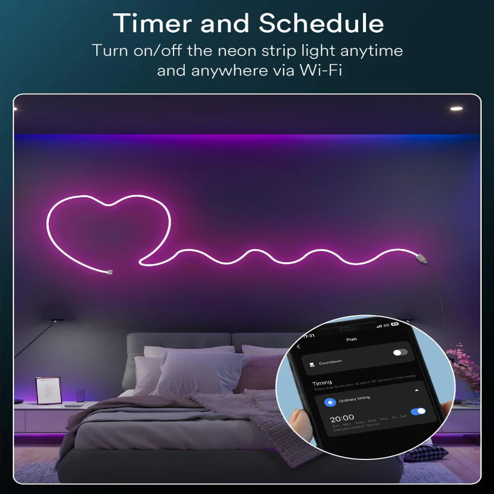 SLNR09 Dotless COB Smart Wi-Fi Bluetooth RGBW 16.4ft Neon LED Strip Light DC12V IP65 Outdoor Rated Dimmable Low Voltage Silicone Strip Light with Mounting Clips, Screws, Power Adapter and Voice Control - Image 4
