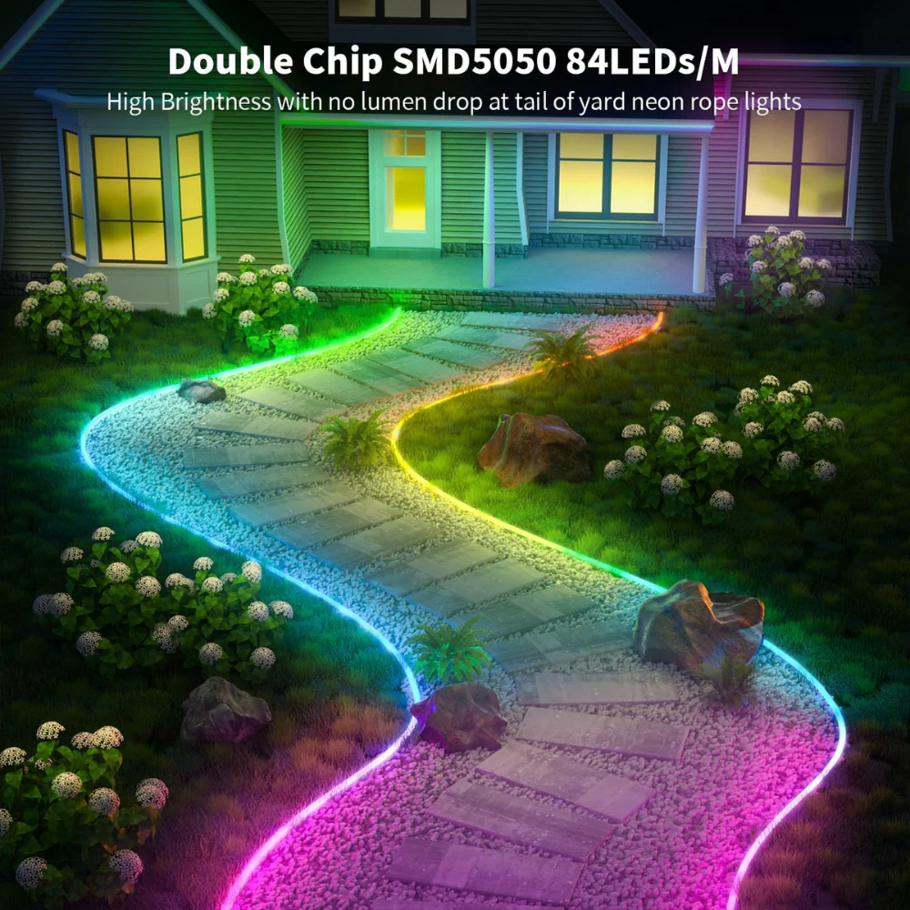 SLNR14 Dotless COB RGB-IC Neon LED Strip Light DC24V IP67 Outdoor Rated Dimmable Low Voltage 10x18mm Silicone Strip Light 32.8ft/65.5ft with Mounting Clips, Screws, Power Adapter with Dimmer and Remote Control - Image 4
