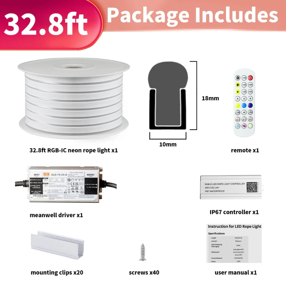 SLNR14 Dotless COB RGB-IC Neon LED Strip Light DC24V IP67 Outdoor Rated Dimmable Low Voltage 10x18mm Silicone Strip Light 32.8ft/65.5ft with Mounting Clips, Screws, Power Adapter with Dimmer and Remote Control - Image 7