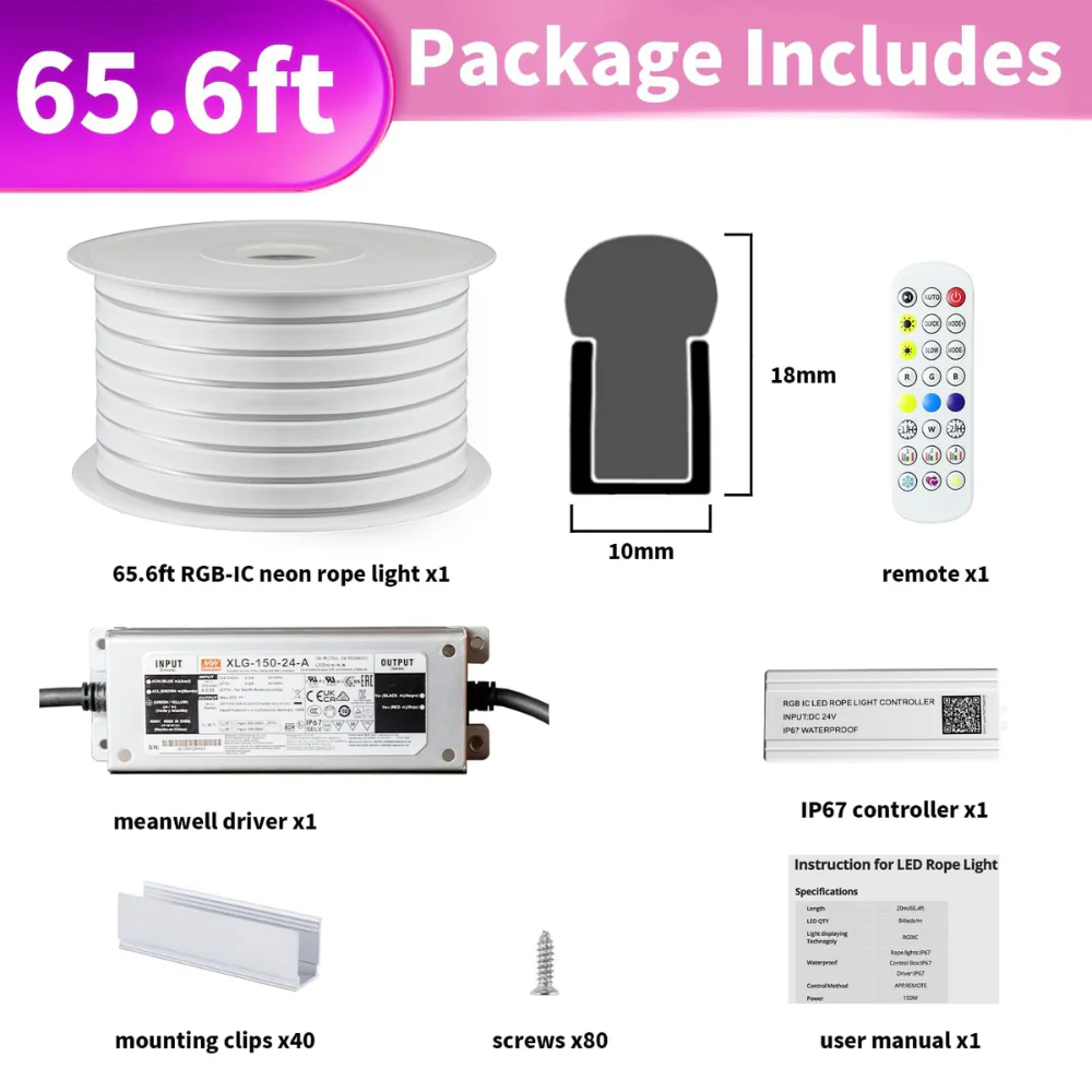 SLNR14 Dotless COB RGB-IC Neon LED Strip Light DC24V IP67 Outdoor Rated Dimmable Low Voltage 10x18mm Silicone Strip Light 32.8ft/65.5ft with Mounting Clips, Screws, Power Adapter with Dimmer and Remote Control - Image 8