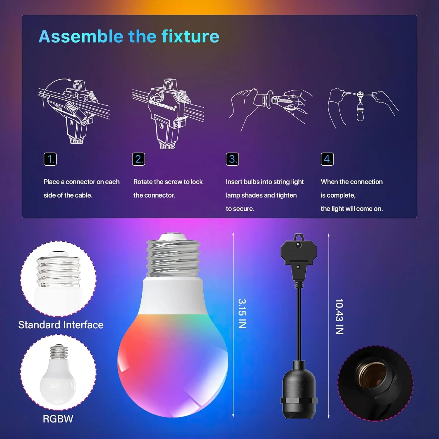 SLR104 50ft Adjustable Connector LED RGBW Bistro String Lights RGBW Color Changing Outdoor Weatherproof 12V 3W E10 B9 10pcs Bulbs - Image 4